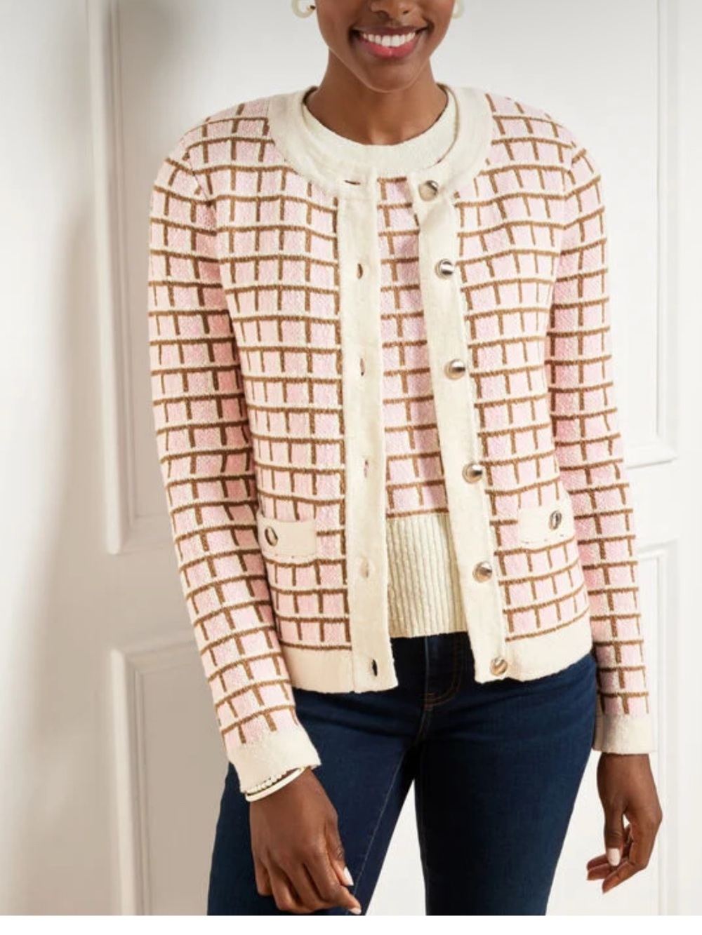 TALBOTS TEXTURED STITCH CREWNECK PLAID TWEED
CARDIGAN M OLD MONEY CARRIER
LUXURY